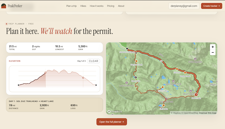 PeakPeeker trip planner showing route details, elevation profile, and a map for a national park hiking itinerary.